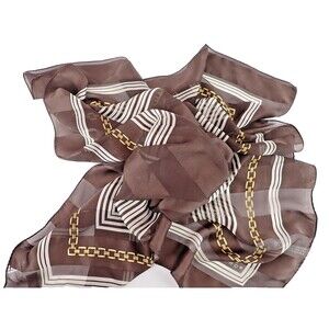 Echo Silk Scarf Brown Gold Chain White Stripe MCM Pattern 35" x 33" Mid Century